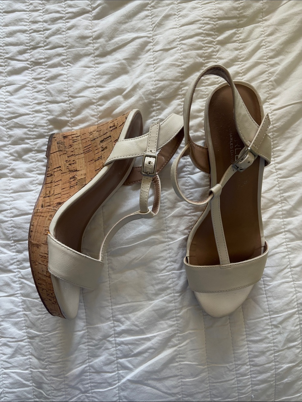 Charles David Cream Leather Cork Wedge Sandals